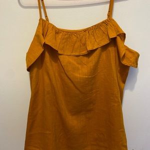 OldNavy sleeveless ruffle blouse in dark mustard.